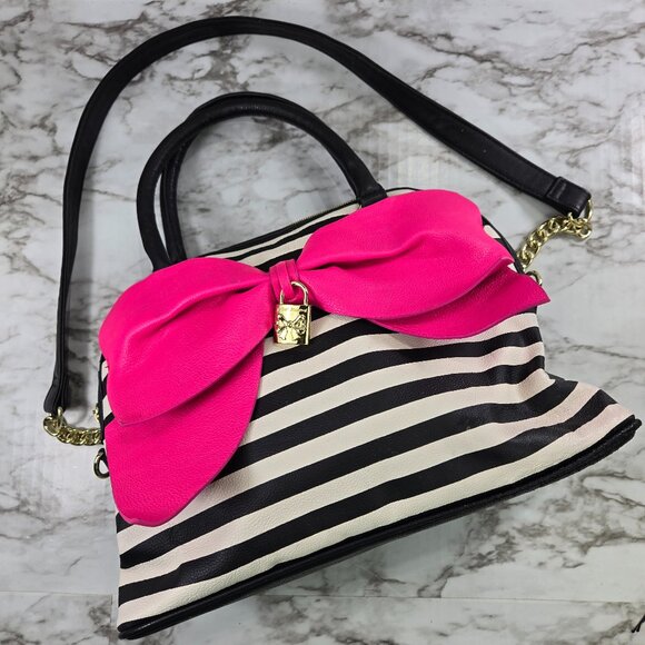 Betsey Johnson Handbags - Betsey Johnson Bow-Nanza Dome Satchel Bag Y2K Black White Stripes Pink Bow